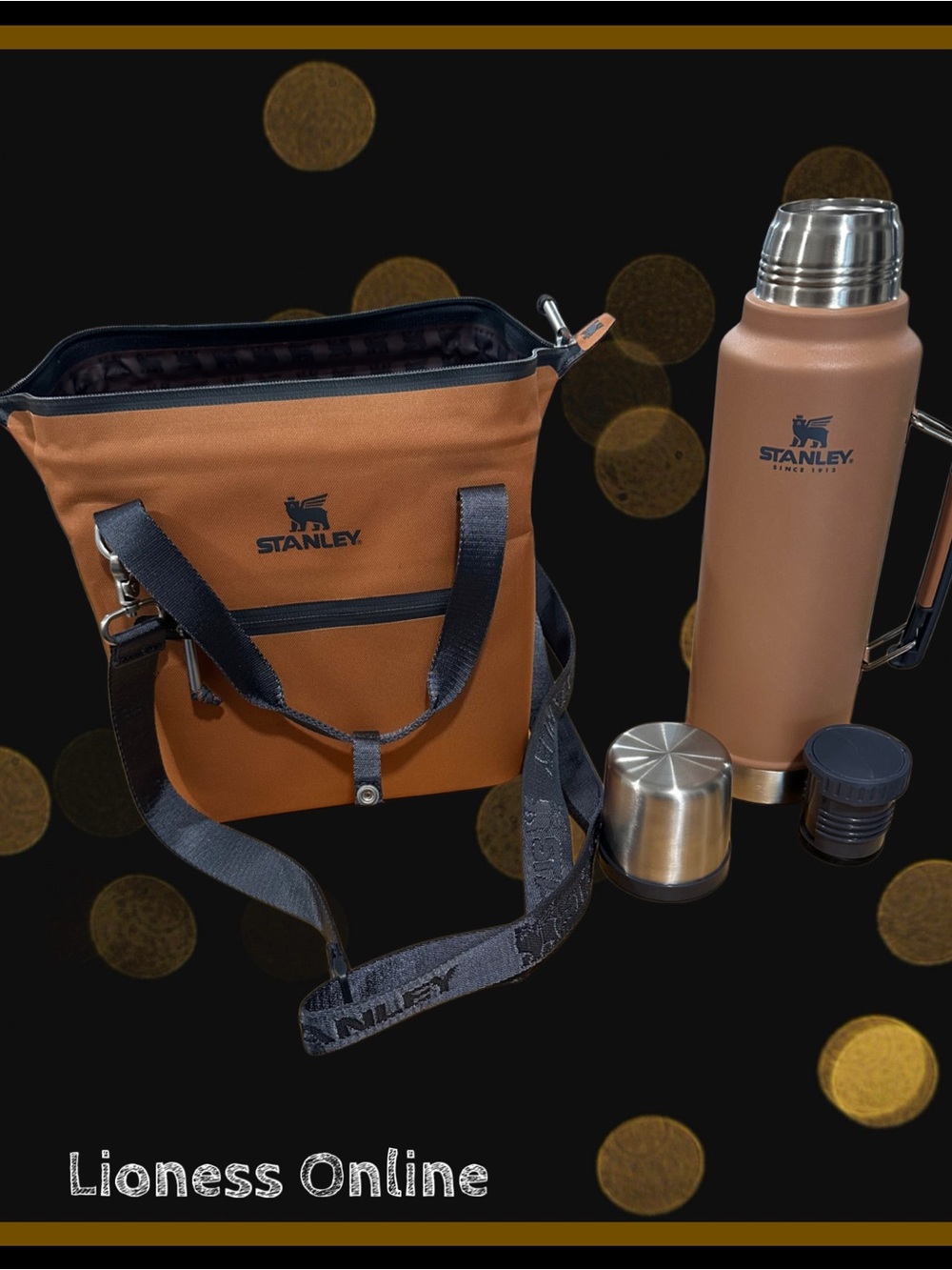 Stanley Brown Messenger Bag with Matching Brown Thermos
